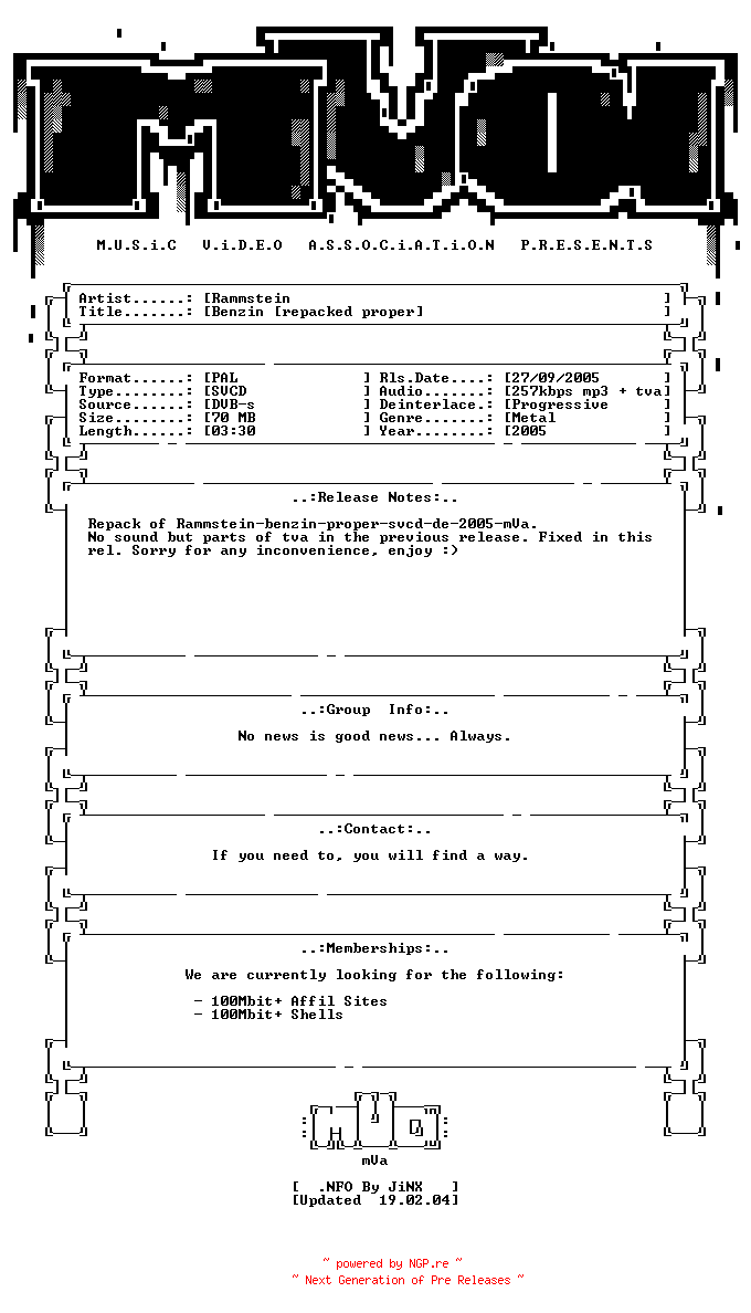 NFO for the release Rammstein-benzin-repack-proper-svcd-de-2005-mVa by mVa