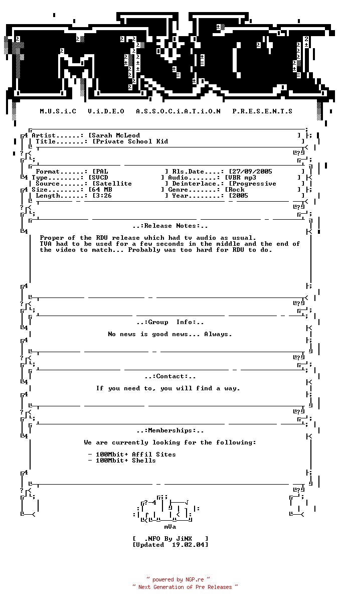 NFO for the release Sarah_mcleod-private_school_kid-proper-svcd-2005-mVa by mVa