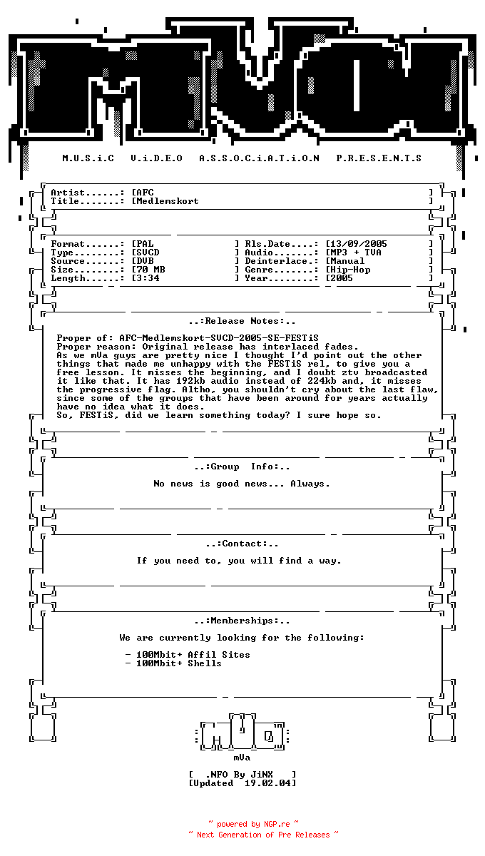 NFO for the release Afc-medlemskort-proper-svcd-se-2005-mVa by mVa