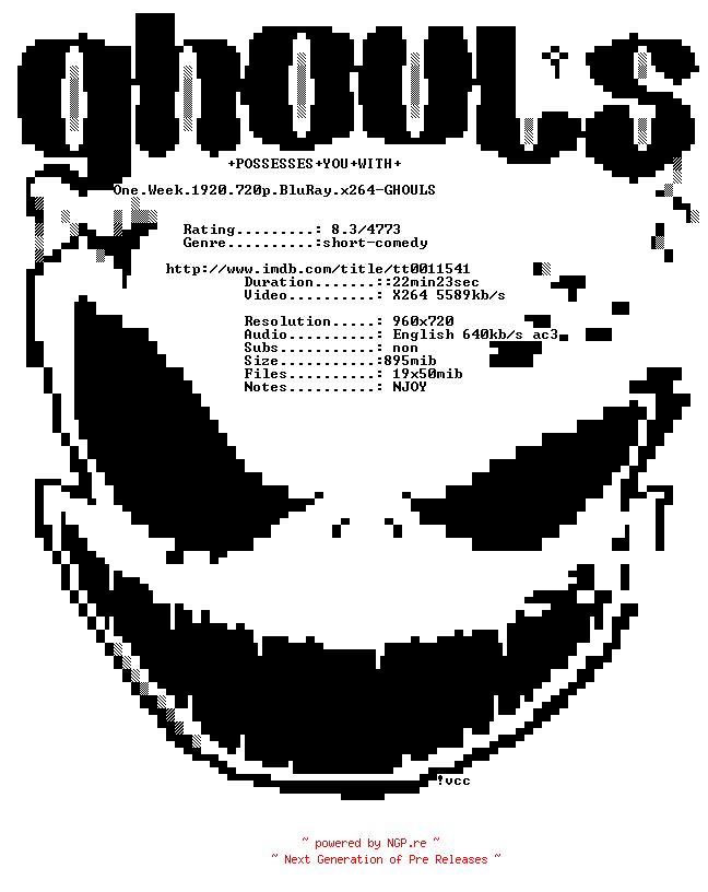 NFO for the release One.Week.1920.720p.BluRay.x264-GHOULS by GHOULS