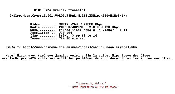 NFO for the release Sailor.Moon.Crystal.S01.VOL02.FiNAL.MULTi.BDRip.x264-HiRoSHiMa by HiRoSHiMa