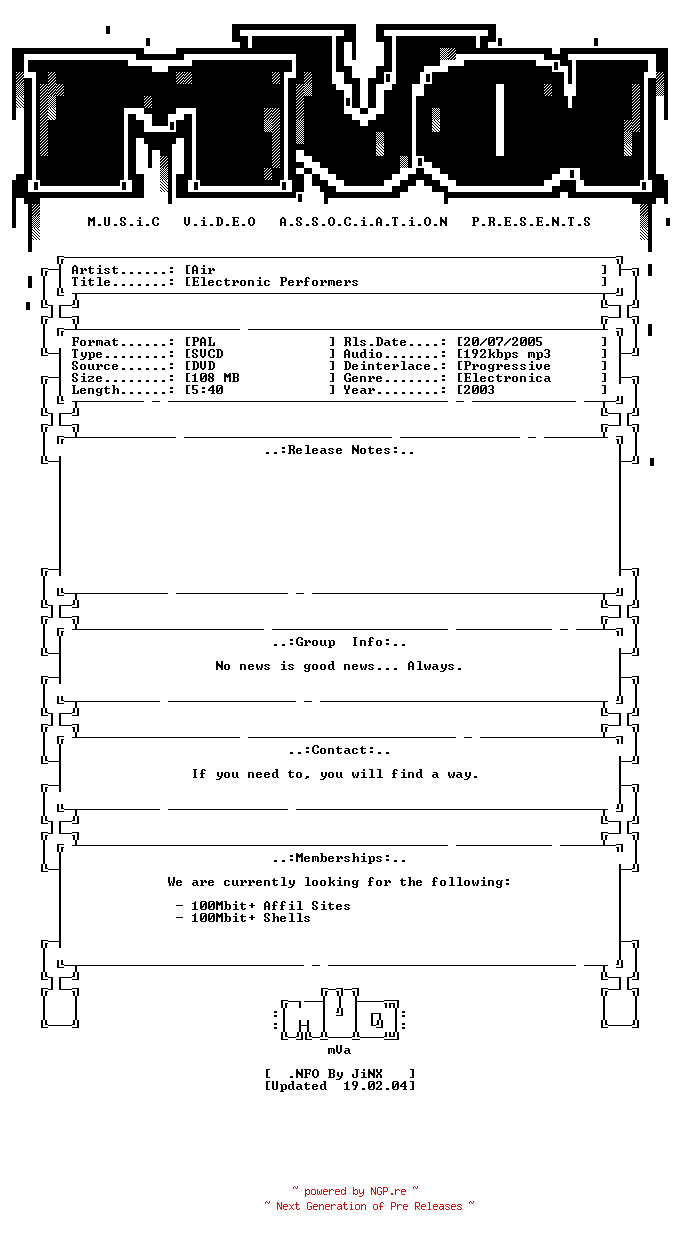 NFO for the release Air-electronic_performers-dvdrip-svcd-2003-mVa by mVa