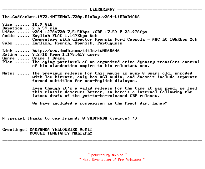 NFO for the release The.Godfather.1972.iNTERNAL.720p.BluRay.x264-LiBRARiANS by LiBRARiANS