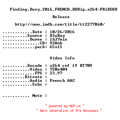 NFO for the release Finding.Dory.2016.FRENCH.BDRip.x264-PRiDEHD by PRiDEHD