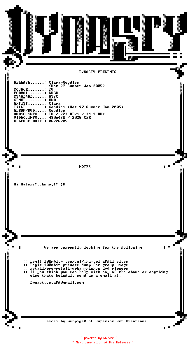 NFO for the release Ciara-Goodies-(Hot_97_Summer_Jam_2005)-SVCD-2005-DYNASTY by DYNASTY