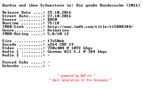 NFO for the release Barbie.und.ihre.Schwestern.in.Die.grosse.Hundesuche.German.2016.AC3.BDRip.x264-SPiCY by SPiCY