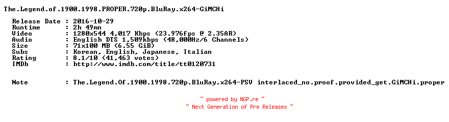 NFO for the release The.Legend.of.1900.1998.PROPER.720p.BluRay.x264-GiMCHi by GiMCHi