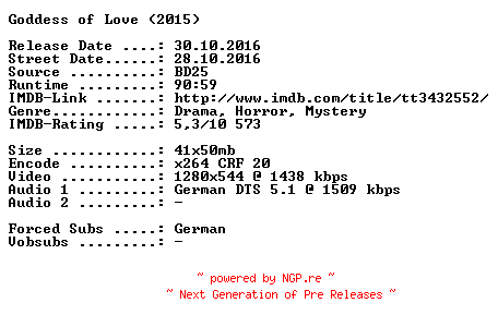 NFO for the release Goddess.of.Love.2015.German.720p.BluRay.x264-SPiCY by SPiCY