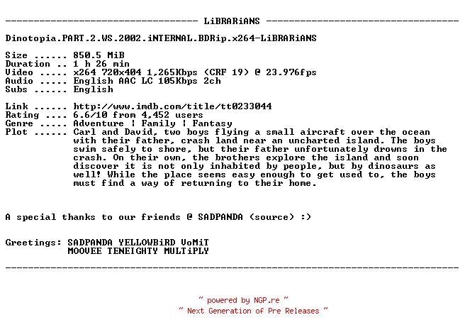 NFO for the release Dinotopia.PART.2.WS.2002.iNTERNAL.BDRip.x264-LiBRARiANS by LiBRARiANS