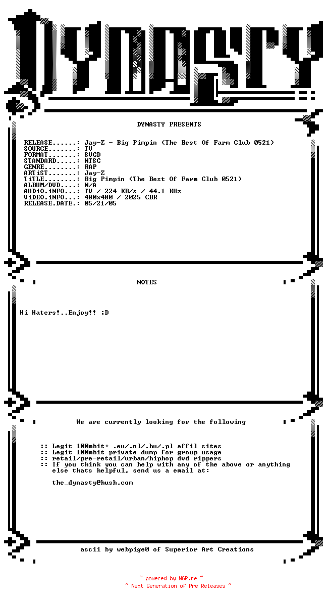 NFO for the release Jay-Z-Big_Pimpin-(The_Best_Of_Farm_Club_05-21-05)-SVCD-1999-DYNASTY by DYNASTY