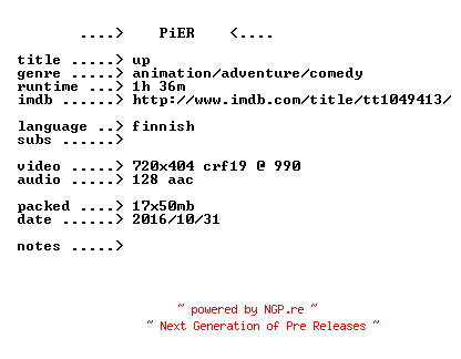 NFO for the release Up.2009.FiNNiSH.BDRip.x264-PiER by PiER