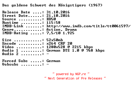 NFO for the release Das.goldene.Schwert.des.Koenigstigers.1967.German.720p.BluRay.x264-SPiCY by SPiCY