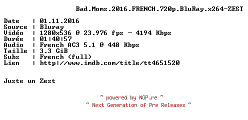 NFO for the release Bad.Moms.2016.FRENCH.720p.BluRay.x264-ZEST by ZEST