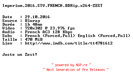 NFO for the release Imperium.2016.STV.FRENCH.BDRip.x264-ZEST by ZEST