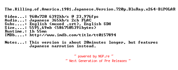 NFO for the release The.Killing.of.America.1981.Japanese.Version.720p.BluRay.x264-BiPOLAR by BiPOLAR