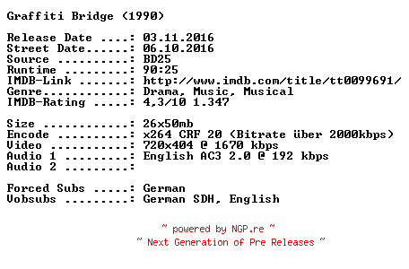 NFO for the release Graffiti.Bridge.German.Subbed.1990.AC3.BDRip.x264-SPiCY by SPiCY