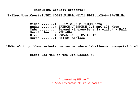 NFO for the release Sailor.Moon.Crystal.S02.VOL02.FiNAL.MULTi.BDRip.x264-HiRoSHiMa by HiRoSHiMa