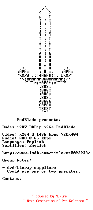 NFO for the release Dudes.1987.BDRip.x264-RedBlade by RedBlade