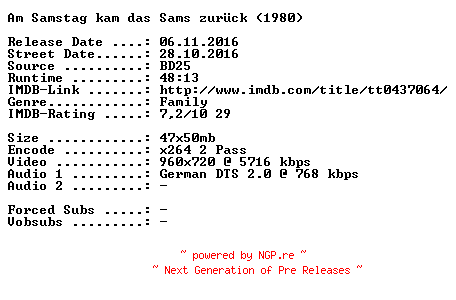 NFO for the release Am.Samstag.kam.das.Sams.zurueck.1980.German.720p.BluRay.x264-SPiCY by SPiCY