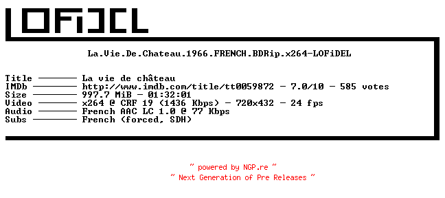 NFO for the release La.Vie.De.Chateau.1966.FRENCH.BDRip.x264-LOFiDEL by LOFiDEL