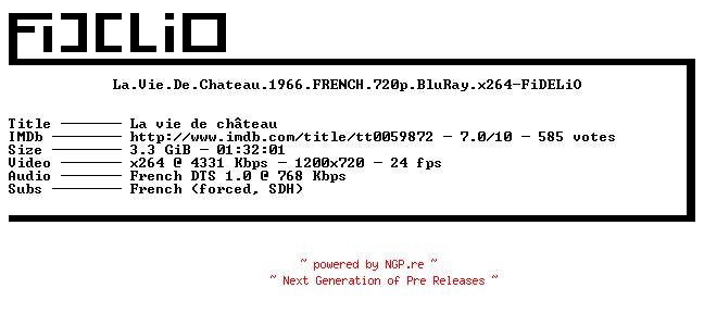 NFO for the release La.Vie.De.Chateau.1966.FRENCH.720p.BluRay.x264-FiDELiO by FiDELiO