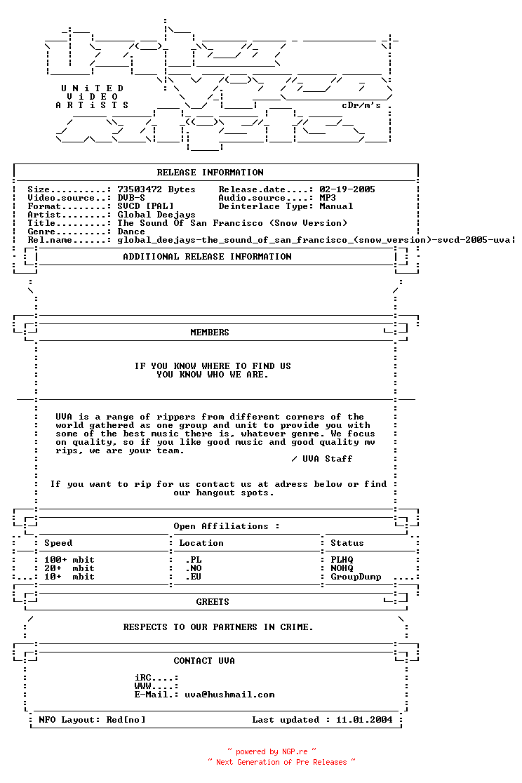 NFO for the release Global_deejays-the_sound_of_san_francisco_(snow_version)-svcd-2005-uva by uva