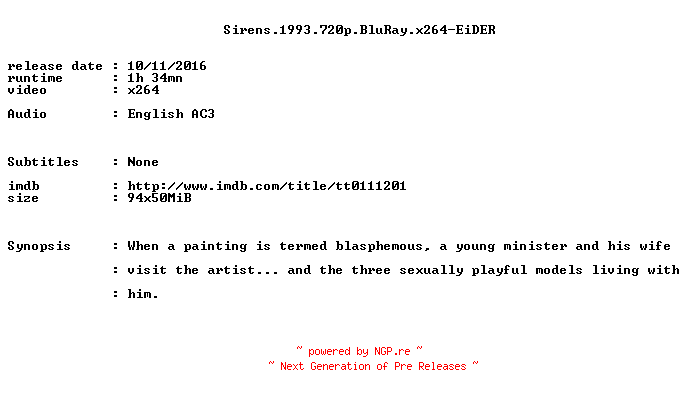 NFO for the release Sirens.1993.720p.BluRay.x264-EiDER by EiDER