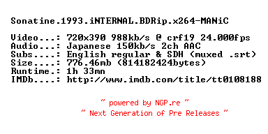 NFO for the release Sonatine.1993.iNTERNAL.BDRip.x264-MANiC by MANiC
