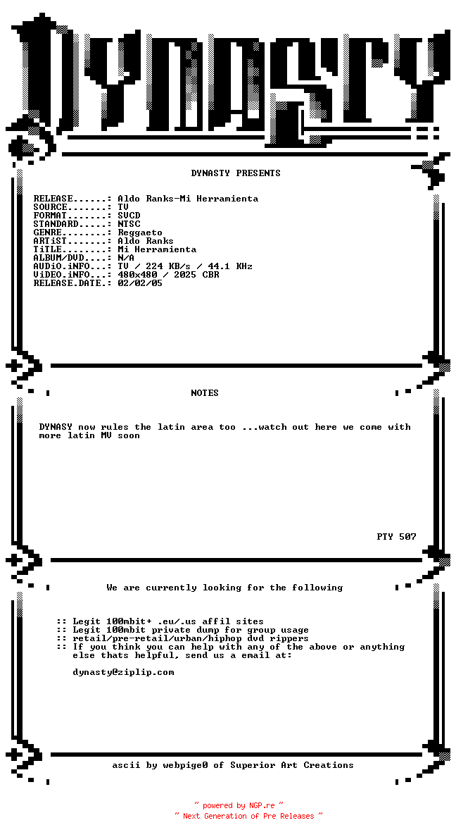 NFO for the release Aldo_Ranks-Mi_Herramienta-SP-SVCD-2005-DYNASTY by DYNASTY