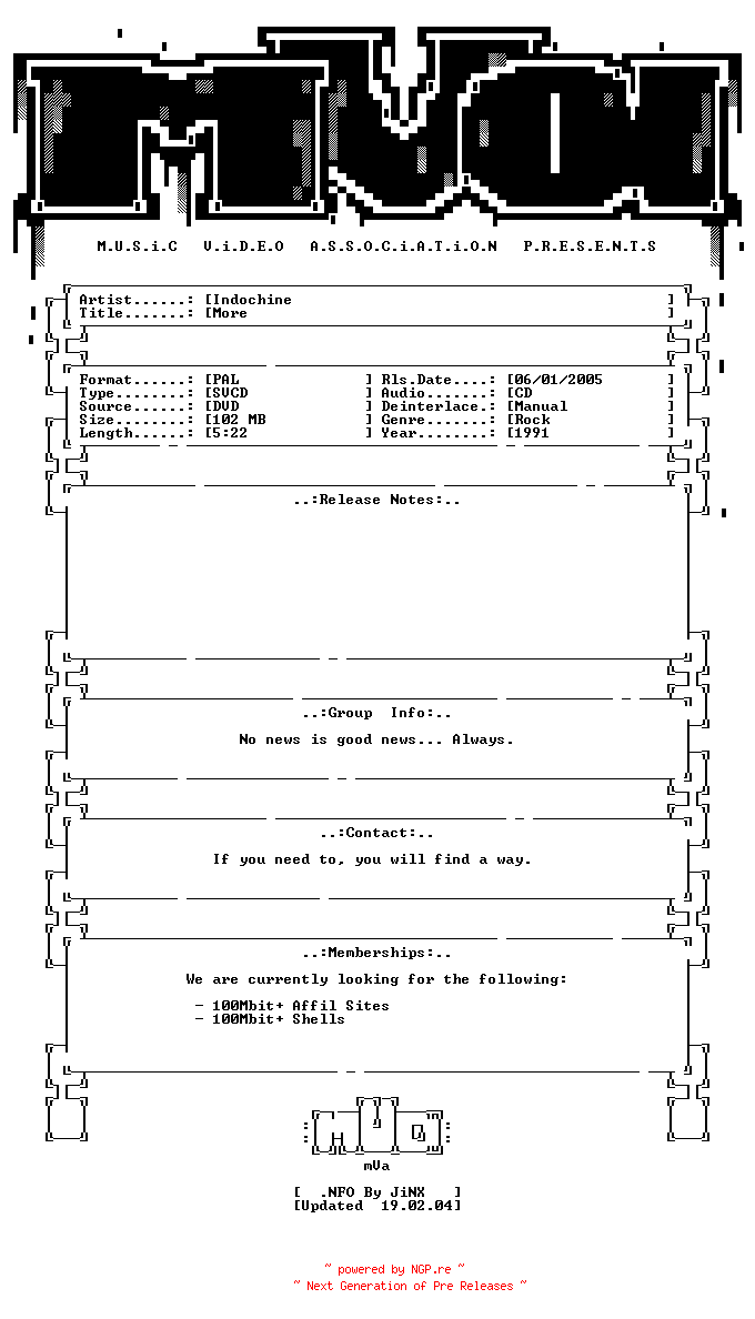 NFO for the release Indochine-more-dvdrip-svcd-fr-1991-mVa by mVa