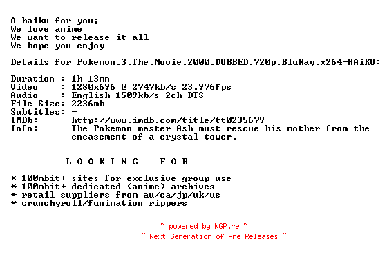 NFO for the release Pokemon.3.The.Movie.2000.DUBBED.720p.BluRay.x264-HAiKU by HAiKU