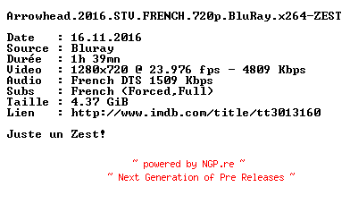 NFO for the release Arrowhead.2016.STV.FRENCH.720p.BluRay.x264-ZEST by ZEST