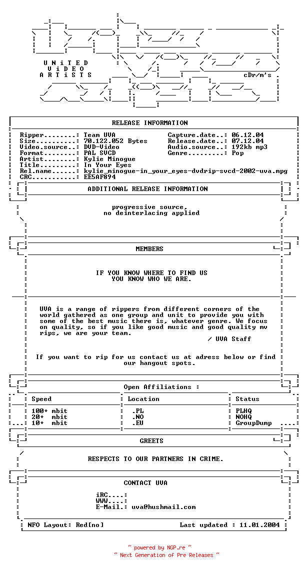NFO for the release Kylie_minogue-in_your_eyes-dvdrip-svcd-2002-uva by uva