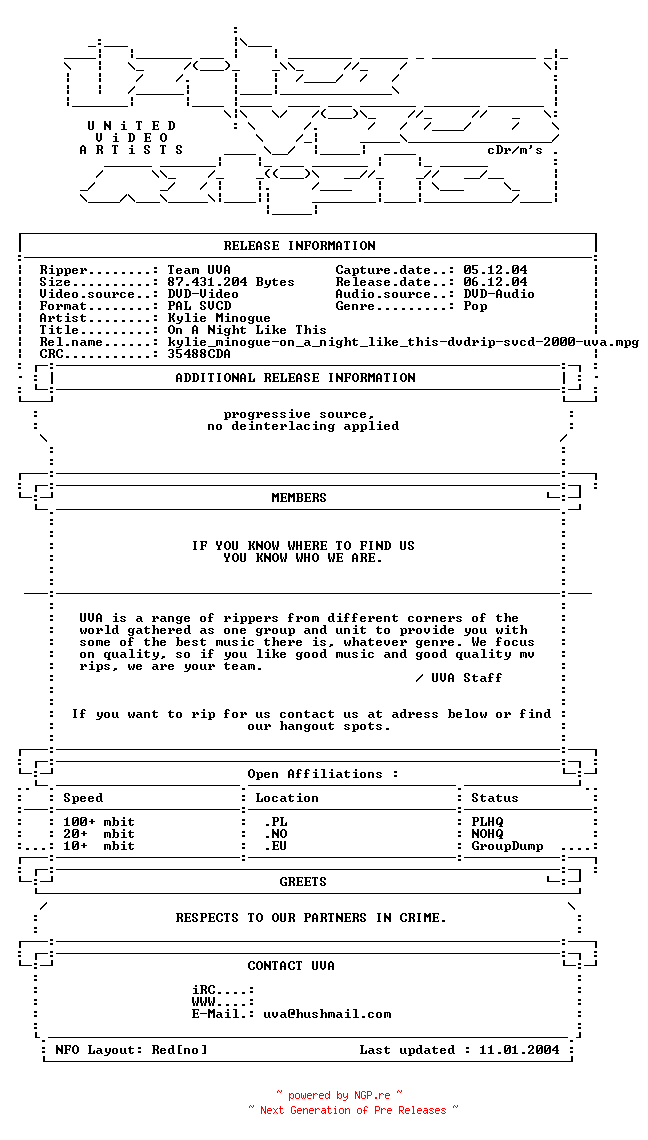 NFO for the release Kylie_minogue-on_a_night_like_this-dvdrip-svcd-2000-uva by uva