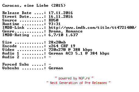 NFO for the release Caracas.Eine.Liebe.German.2015.AC3.BDRip.x264-SPiCY by SPiCY