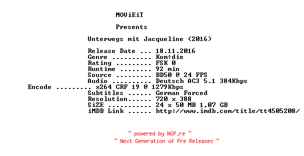 NFO for the release Unterwegs.mit.Jacqueline.German.2016.AC3.BDRip.x264-MOViEiT by MOViEiT