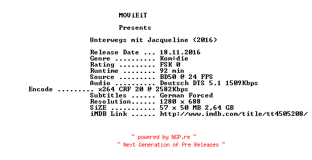 NFO for the release Unterwegs.mit.Jacqueline.2016.German.720p.BluRay.x264-MOViEiT by MOViEiT