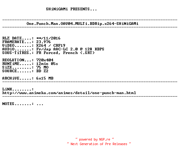 NFO for the release One.Punch.Man.OAV04.MULTi.BDRip.x264-SHiNiGAMi by SHiNiGAMi