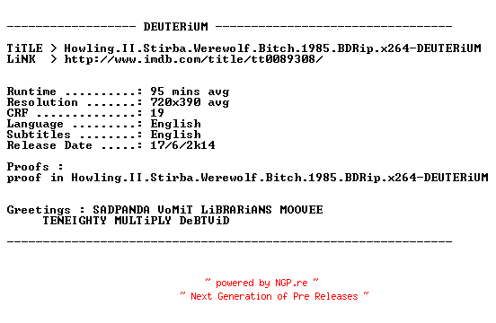 NFO for the release Howling.II.Stirba.Werewolf.Bitch.1985.BDRip.x264-DEUTERiUM by DEUTERiUM
