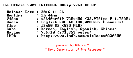 NFO for the release The.Others.2001.INTERNAL.BDRip.x264-KEBAP by KEBAP