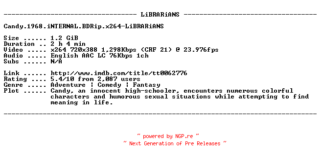 NFO for the release Candy.1968.iNTERNAL.BDRip.x264-LiBRARiANS by LiBRARiANS