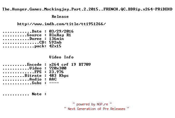 NFO for the release The.Hunger.Games.Mockingjay.Part.2.2015..FRENCH.QC.BDRip.x264-PRiDEHD by PRiDEHD