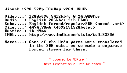 NFO for the release Jinnah.1998.720p.BluRay.x264-USURY by USURY