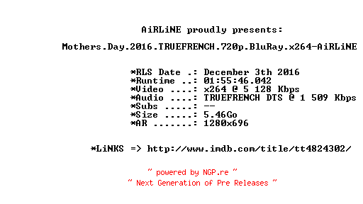 NFO for the release Mothers.Day.2016.TRUEFRENCH.720p.BluRay.x264-AiRLiNE by AiRLiNE