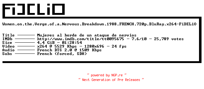 NFO for the release Women.on.the.Verge.of.a.Nervous.Breakdown.1988.FRENCH.720p.BluRay.x264-FiDELiO by FiDELiO
