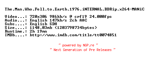 NFO for the release The.Man.Who.Fell.to.Earth.1976.iNTERNAL.BDRip.x264-MANiC by MANiC