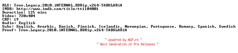 NFO for the release Tron.Legacy.2010.iNTERNAL.BDRip.x264-TABULARiA by TABULARiA