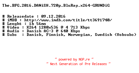 NFO for the release The.BFG.2016.DANiSH.720p.BluRay.x264-GRUNDiG by GRUNDiG