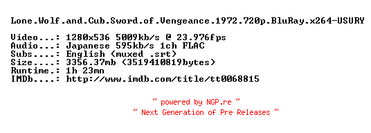 NFO for the release Lone.Wolf.and.Cub.Sword.of.Vengeance.1972.720p.BluRay.x264-USURY by USURY