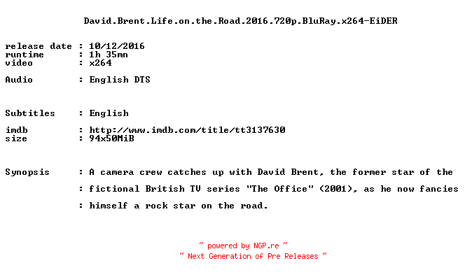 NFO for the release David.Brent.Life.on.the.Road.2016.720p.BluRay.x264-EiDER by EiDER